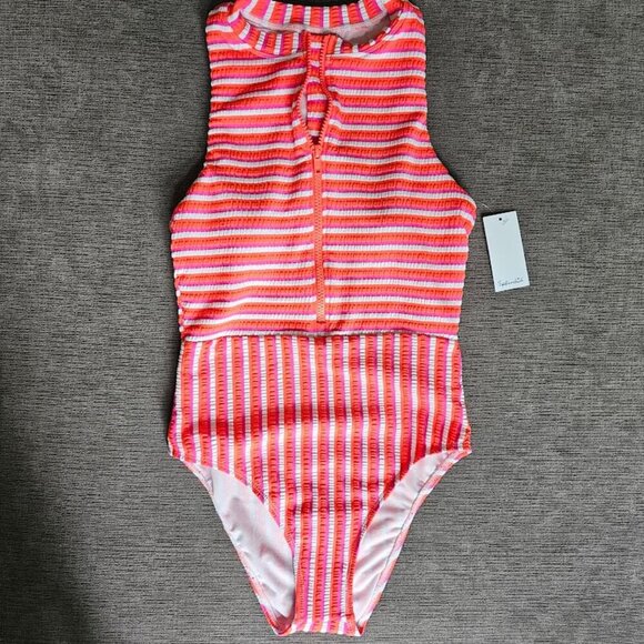 Splendid Orange Pink Seersucker Stripe Zip Front One-Piece Swimsuit Size Small - Picture 1 of 12
